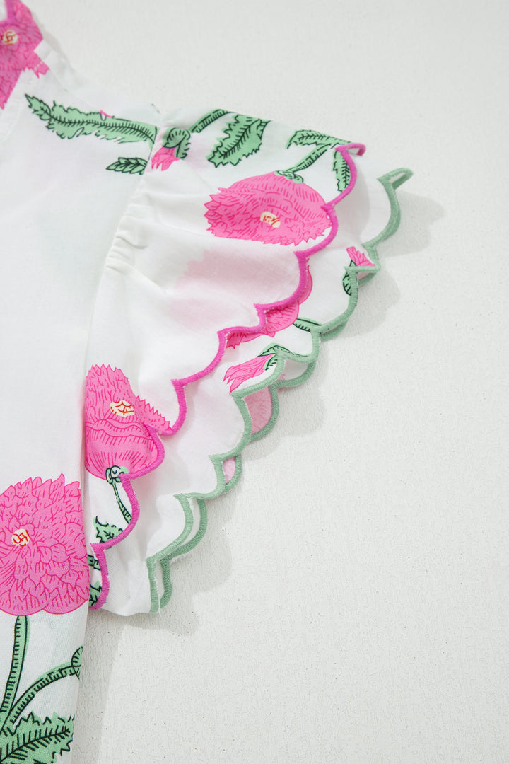 Wild Flower Print Contrast Trim Scallop Detail Short Sleeve Blouse