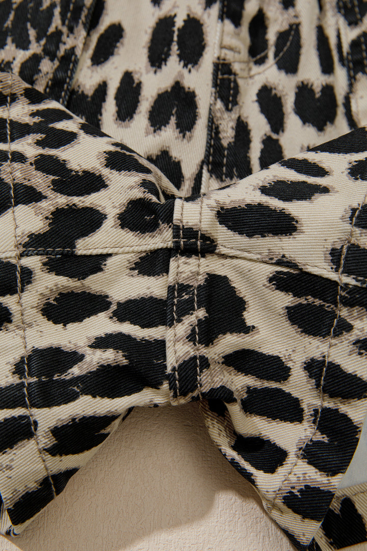 Brown Retro Leopard Print Lace-up Elastic Waistband Mid Rise Denim Shorts