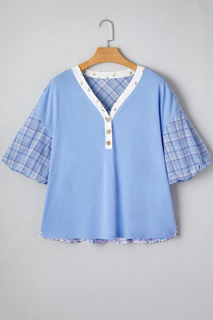 Color Block Plaid Bubble Sleeve Patchwork Blouse