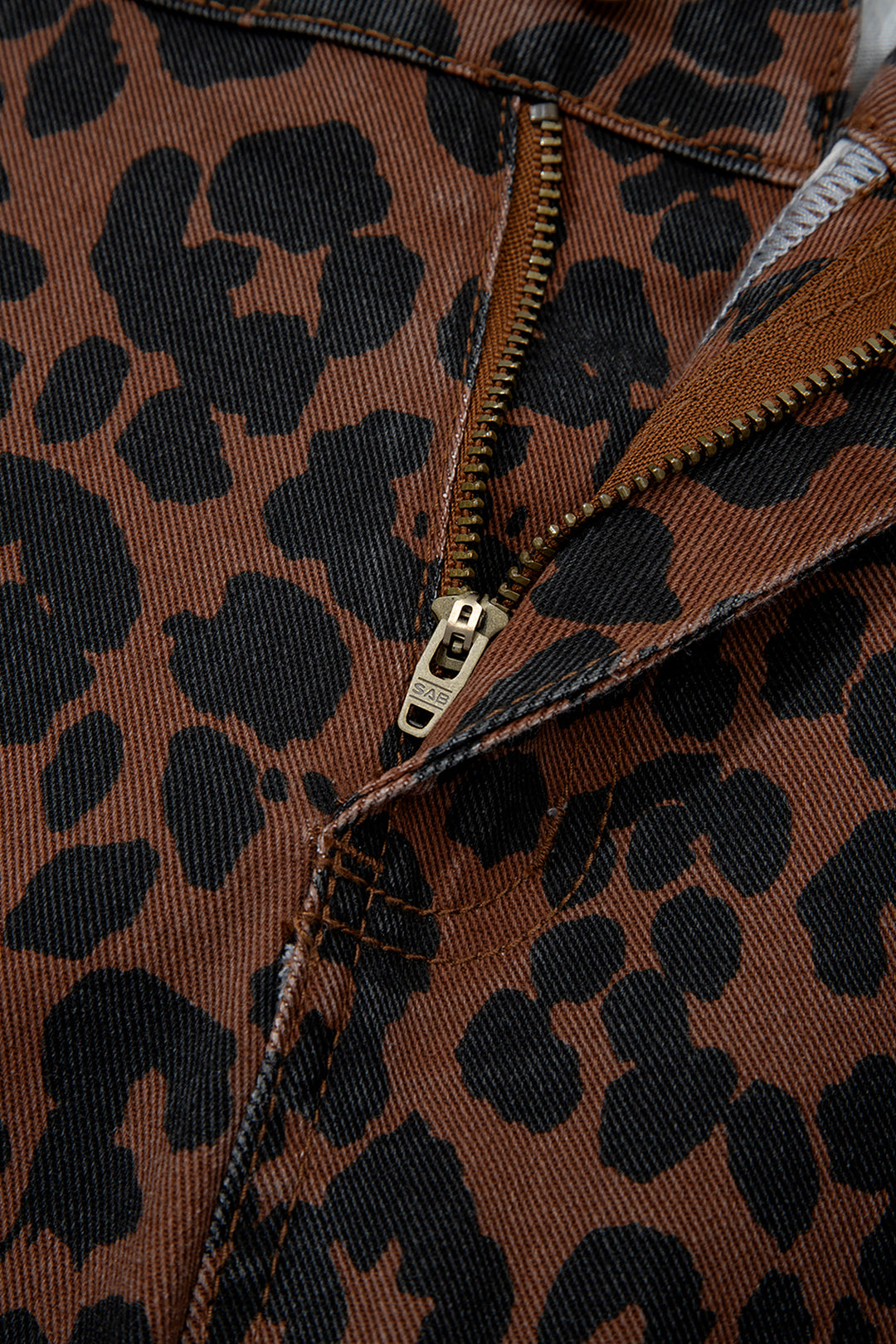 Brown Clear Seam Detail Patchwork Leopard Print Barrel Jeans