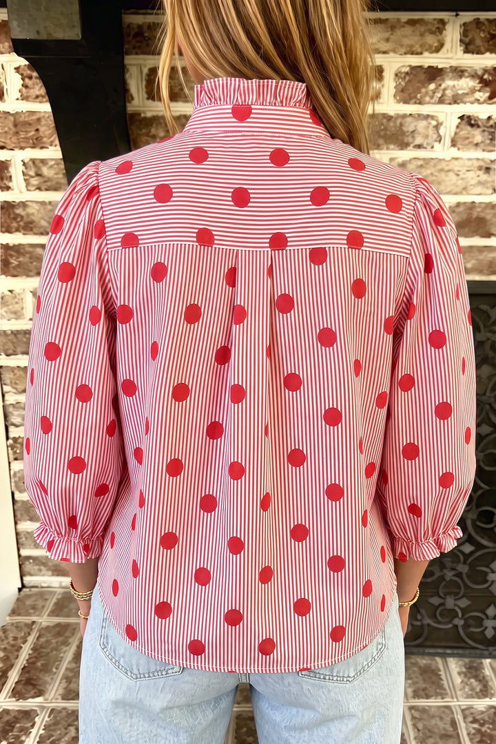 Fiery Red Polka Dot Striped Print Ruffle Stand Neck Shift Shirt