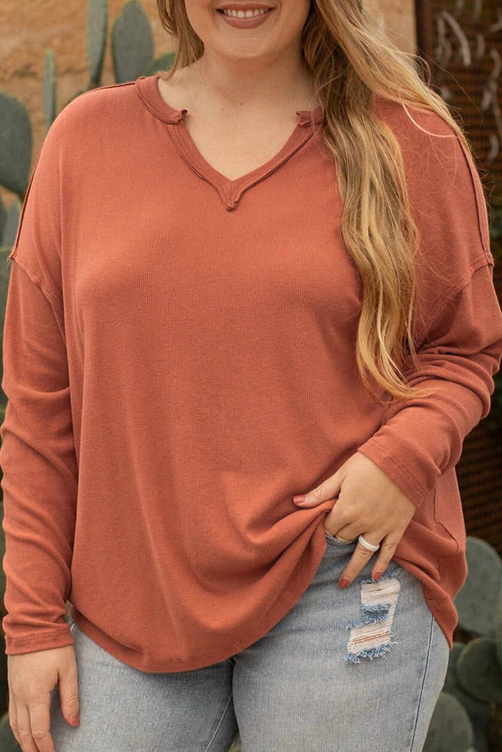 Plus Size Exposed Seam V Neck Long Sleeve Top