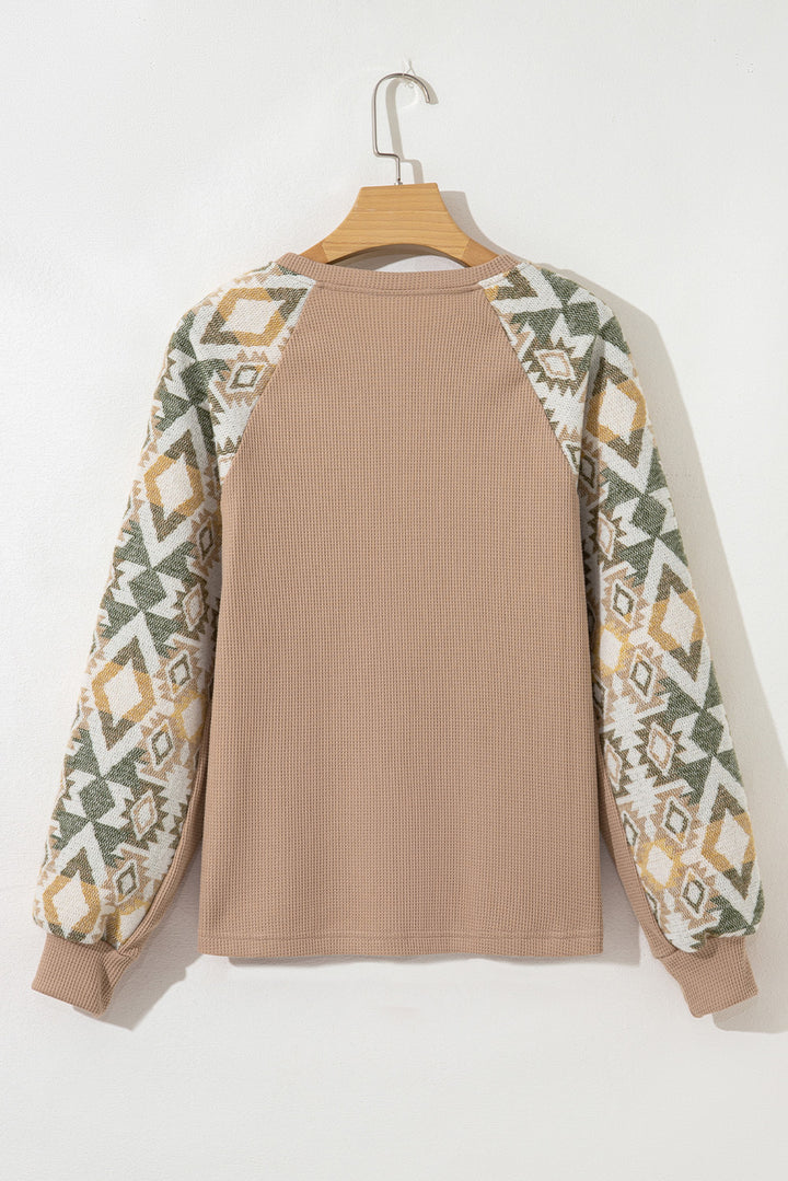 Smoke Gray Waffle Aztec Patchwork Raglan Sleeve Knit Top