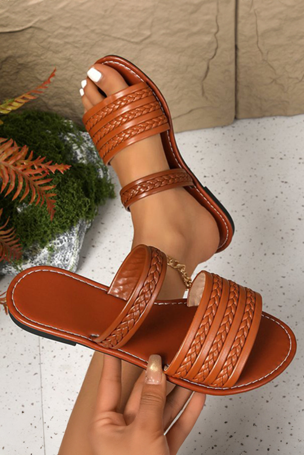 Woven Band Faux Leather Flat Slippers
