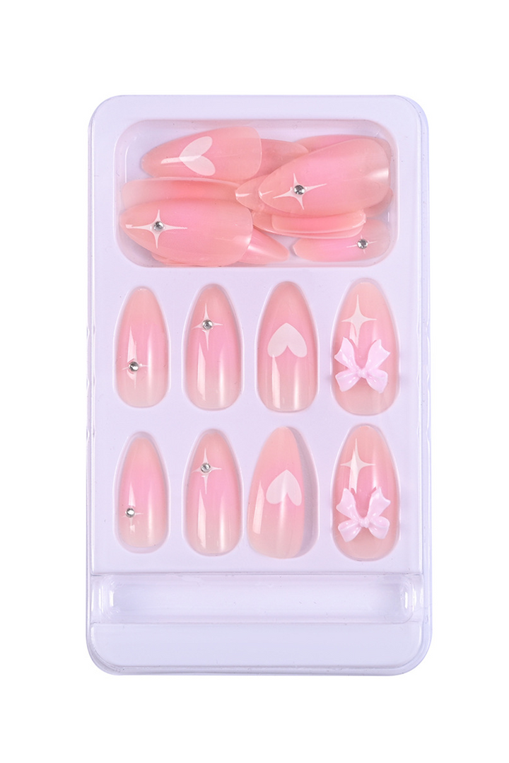 Heart Print Bow Rhinestone Decor Almond Shape False Nail