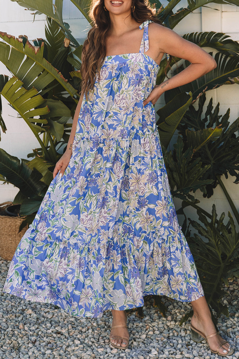 floral print self tie straps flowy ruffle long dress
