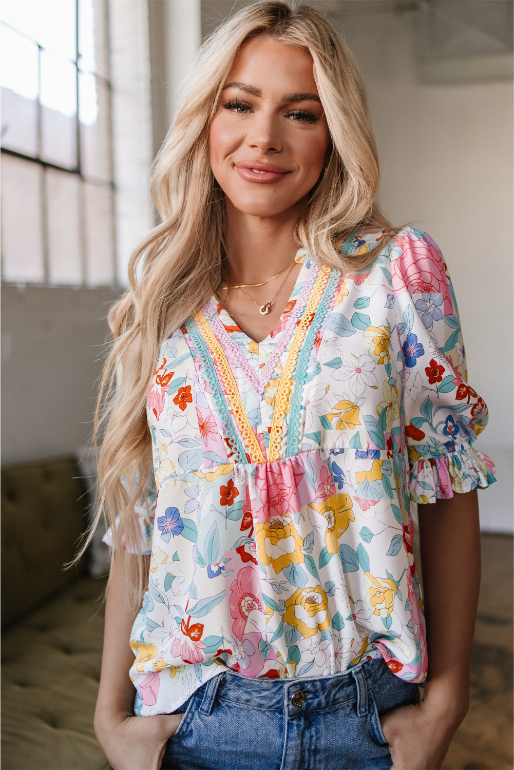 Boho Flower Print Half Puff Sleeve Blouse