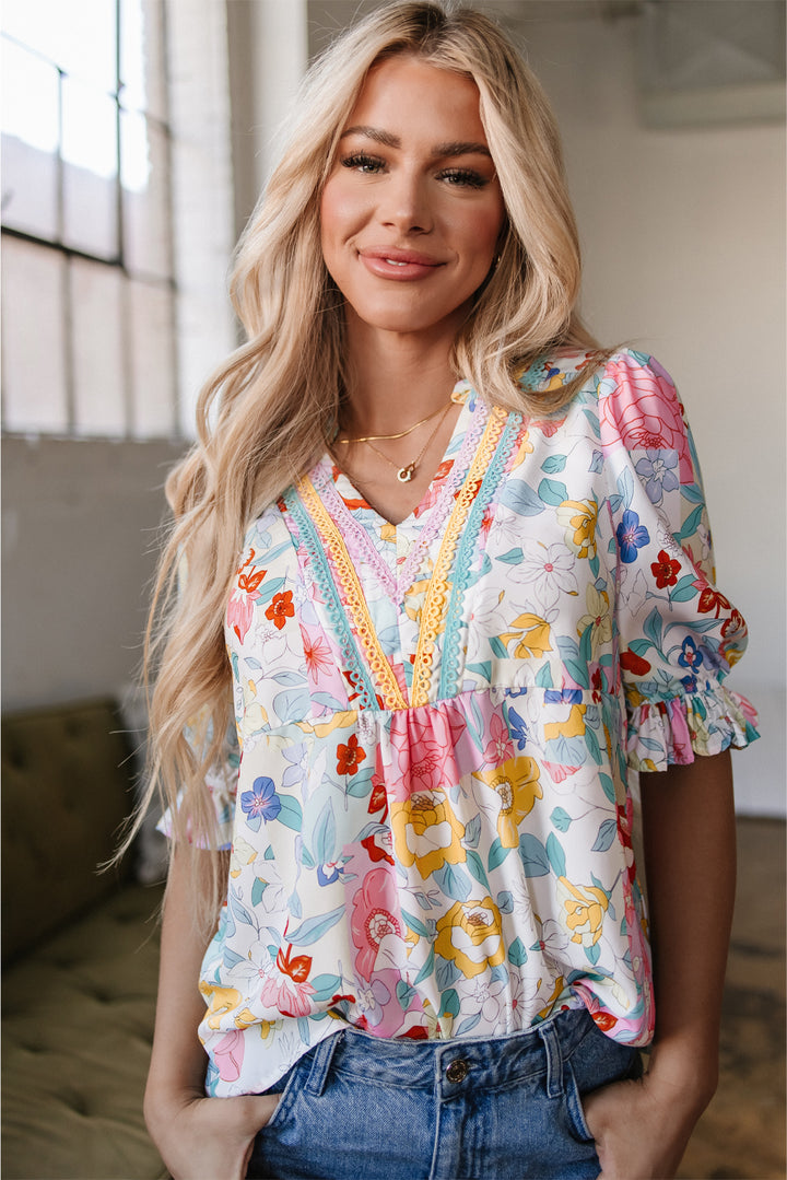 Boho Flower Print Half Puff Sleeve Blouse