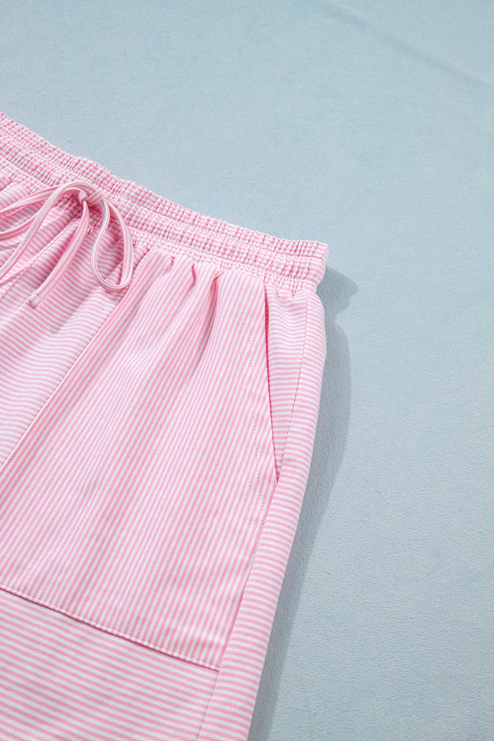 Pink Stripe Matching Oversized Tee and Drawstring Shorts Set