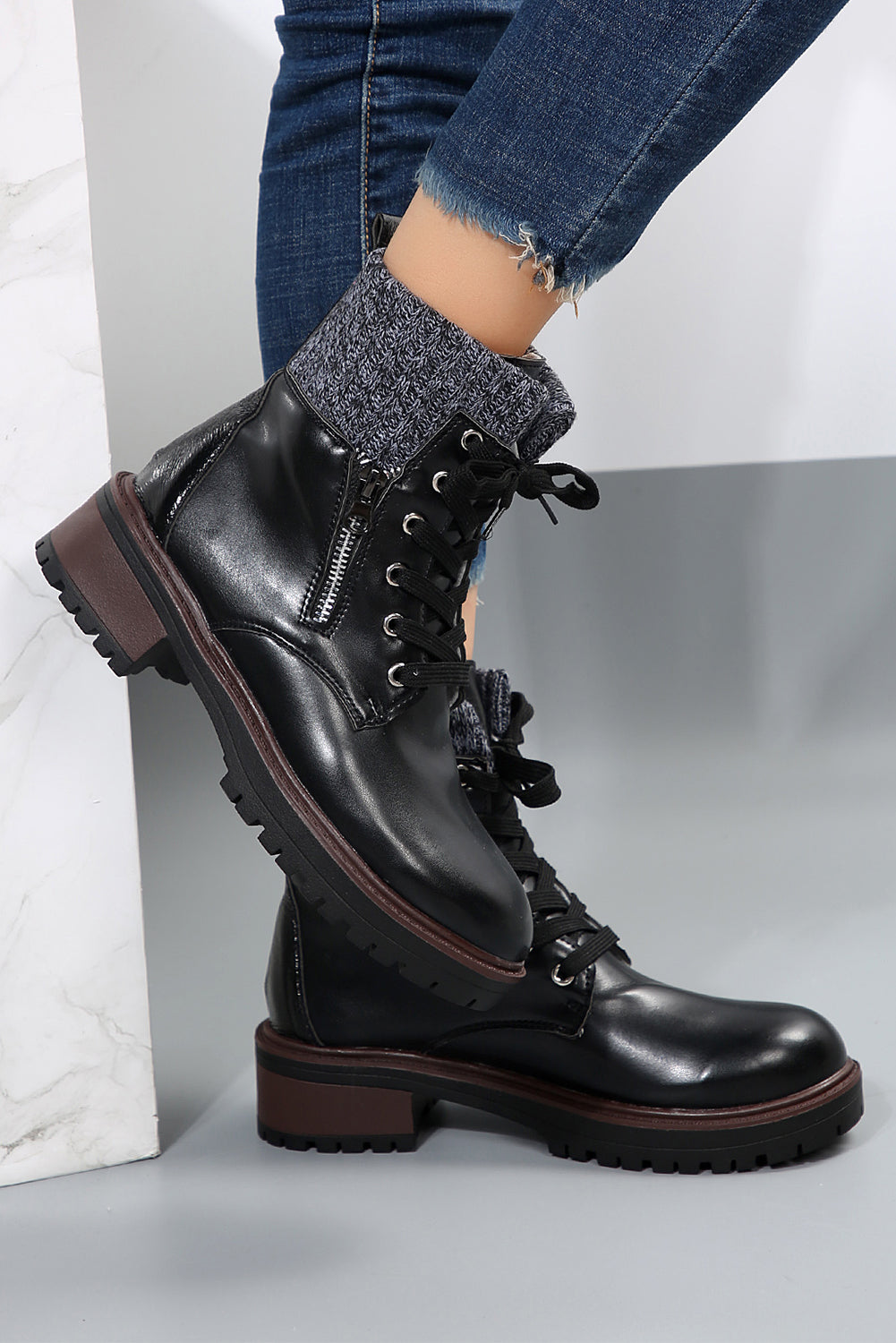 Knitted Patched Lace-up Heeled Ankle Boots