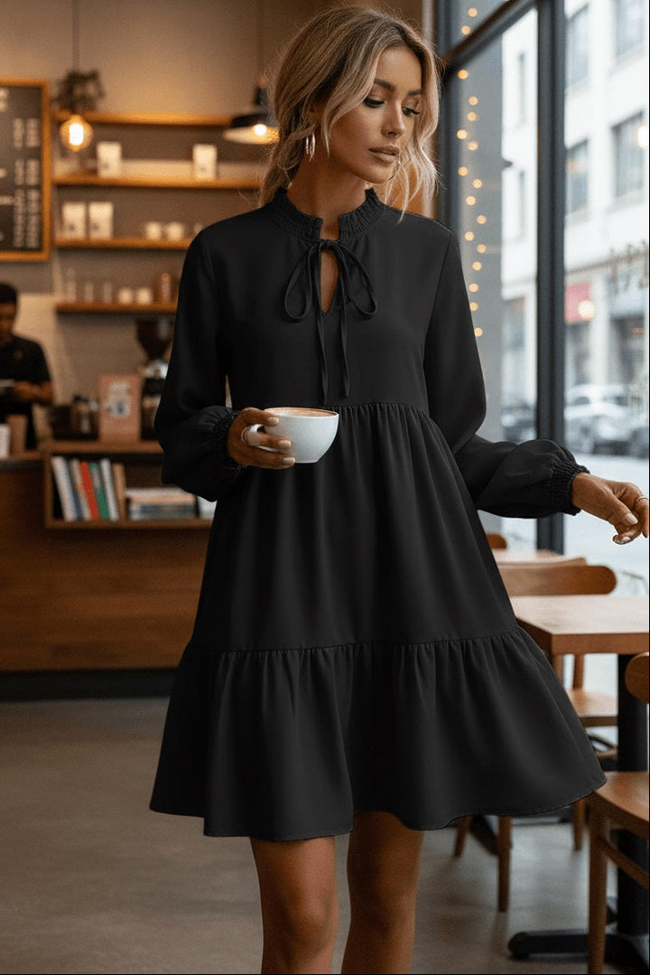 Black Tie Split Neck Smocked Detail Long Puff Sleeve Ruffle Hem Loose Dress