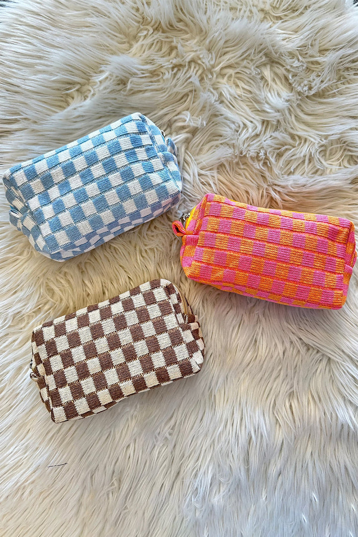 Checkered Knitted Zipper Makeup Bag