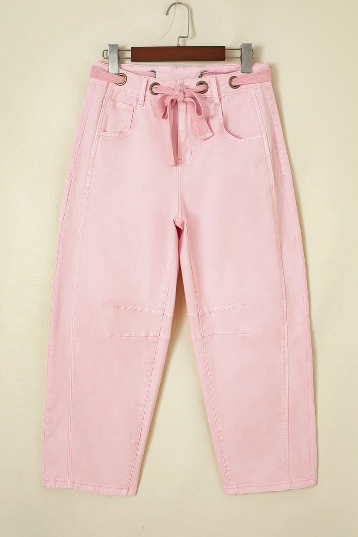 Light Pink Solid Color Grommet Detail Knot Waist Barrel Jeans