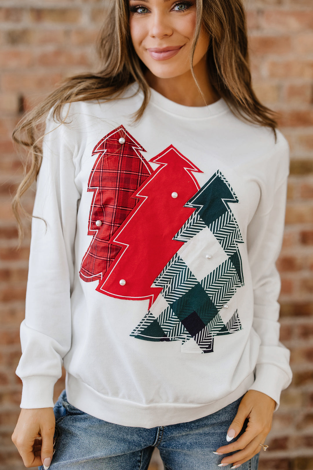 Pearl Plaid Christmas Tree Patched Drop Shoulder Sweatshirt