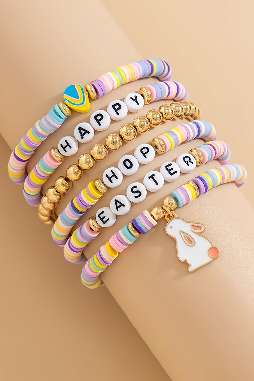 Bracelet élastique multicouche perlé avec lettres « Joyeuses Pâques »