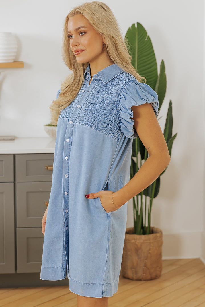 Flutter Sleeve Shirred Detail Button Up Denim Mini Dress