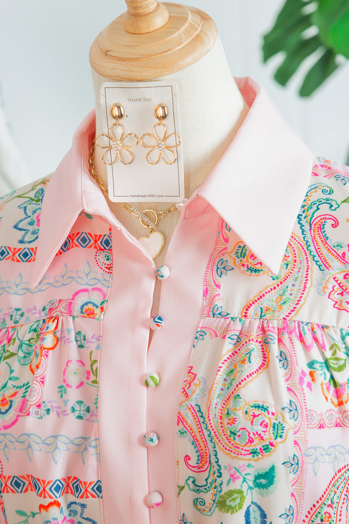 Pink Boho Floral Print Color Block Trim Half Button Belted Mini Dress