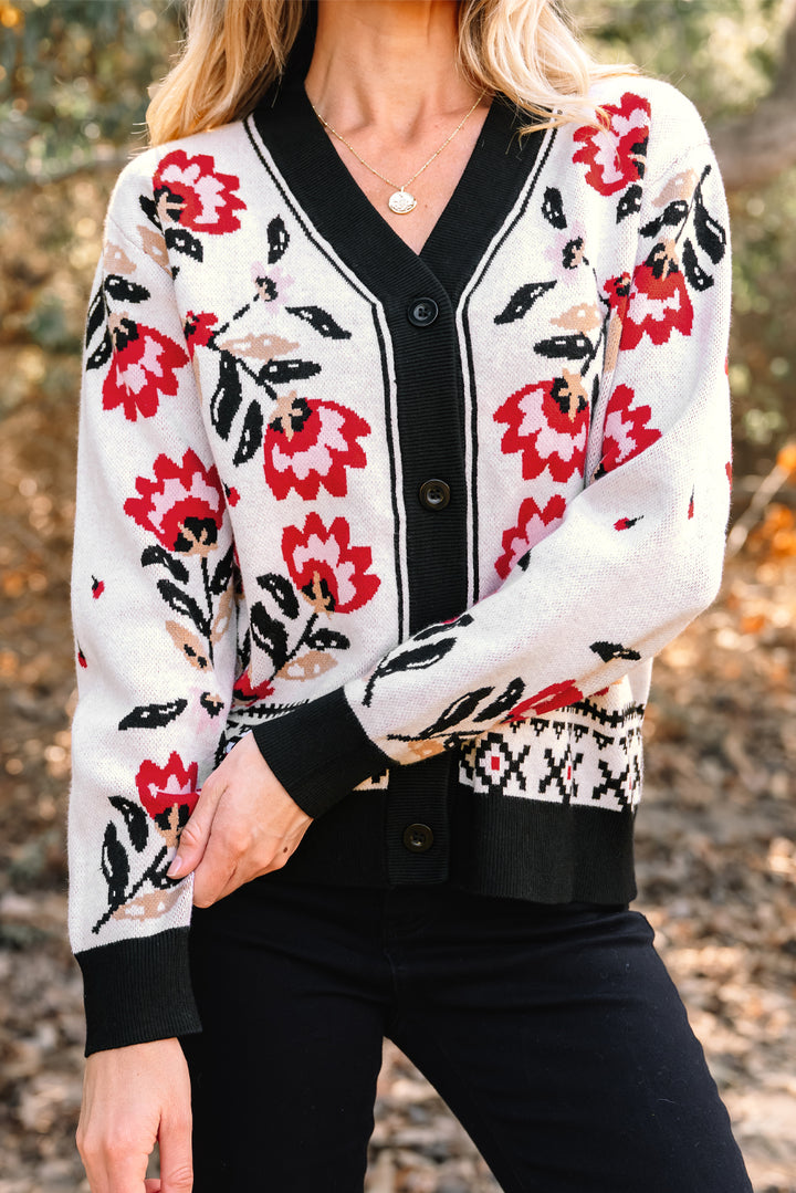 Floral Print Buttoned Front V Neck Knit Cardigan