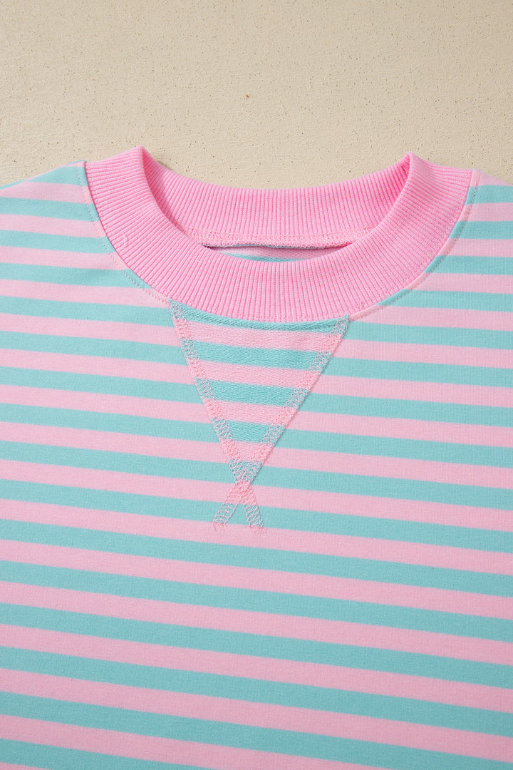 Pink Stripe Color Block Detail Long Sleeve Pullover Elastic Waist Pull On Shorts 2pcs Set