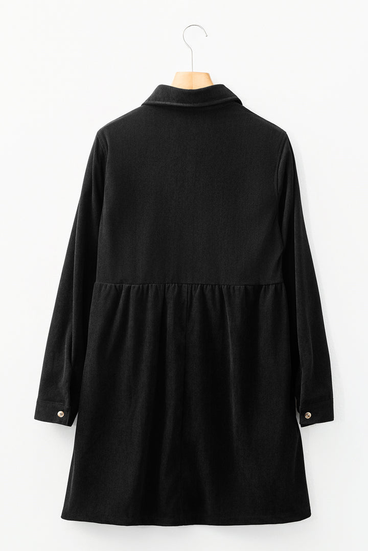 Black Corduroy Half Button Collared Long Sleeve Mini Dress