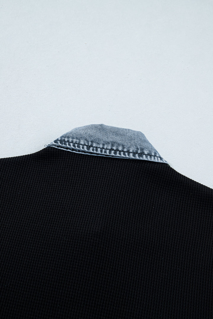 Black Textured Knit Denim Color Block Patchwork Collar Button Down Shirt