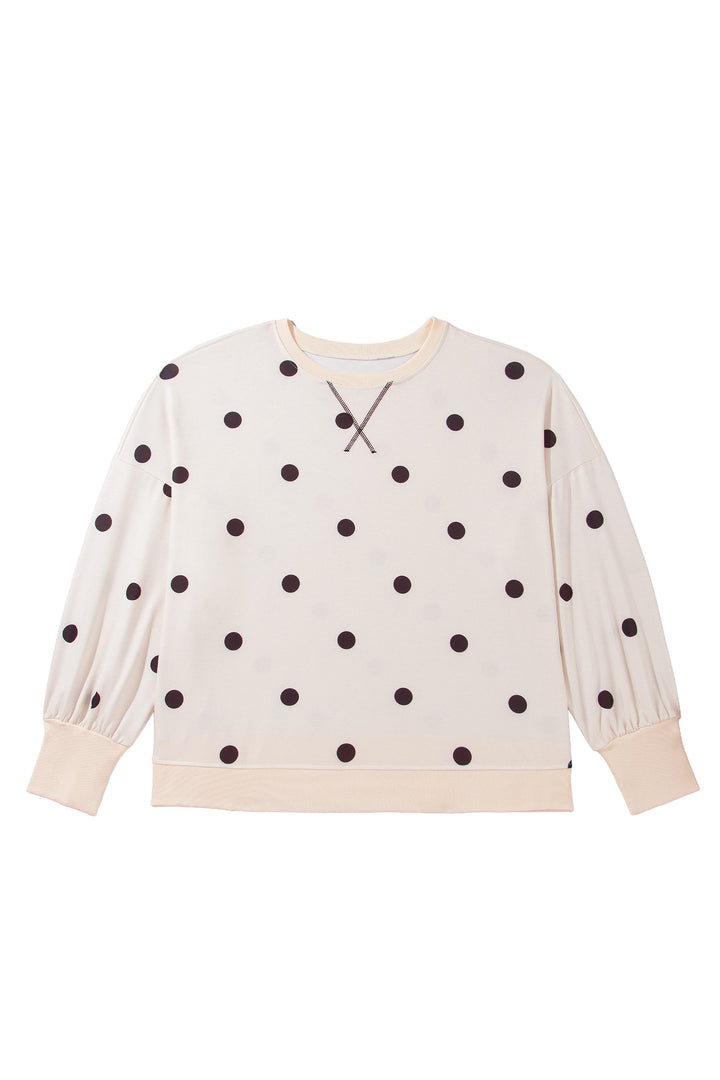 Beige Round Neck Long Sleeve Polka Dot Plus Size Top