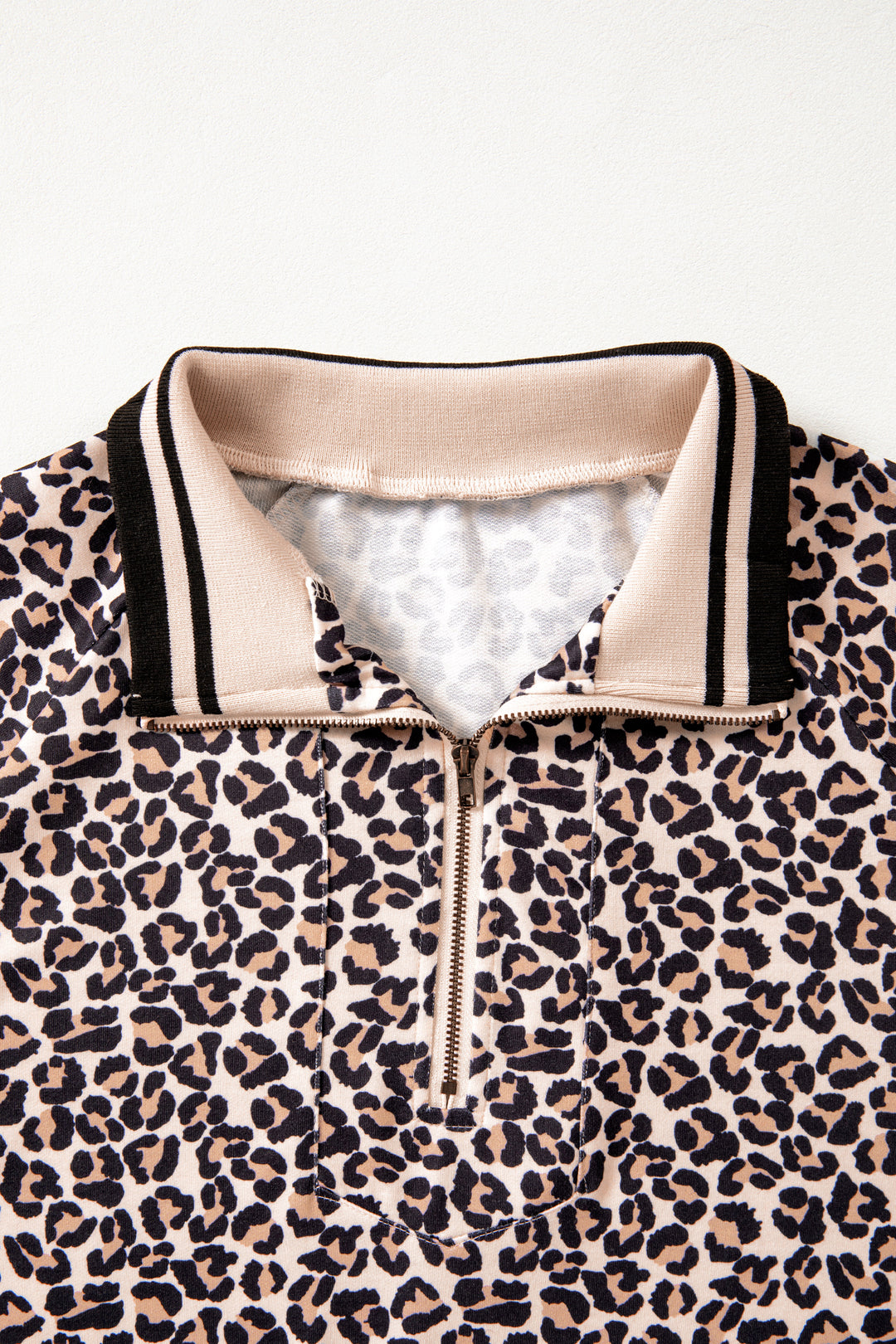 Leopard Print Half Zip Striped Trim Patchwork Short Sleeve Top