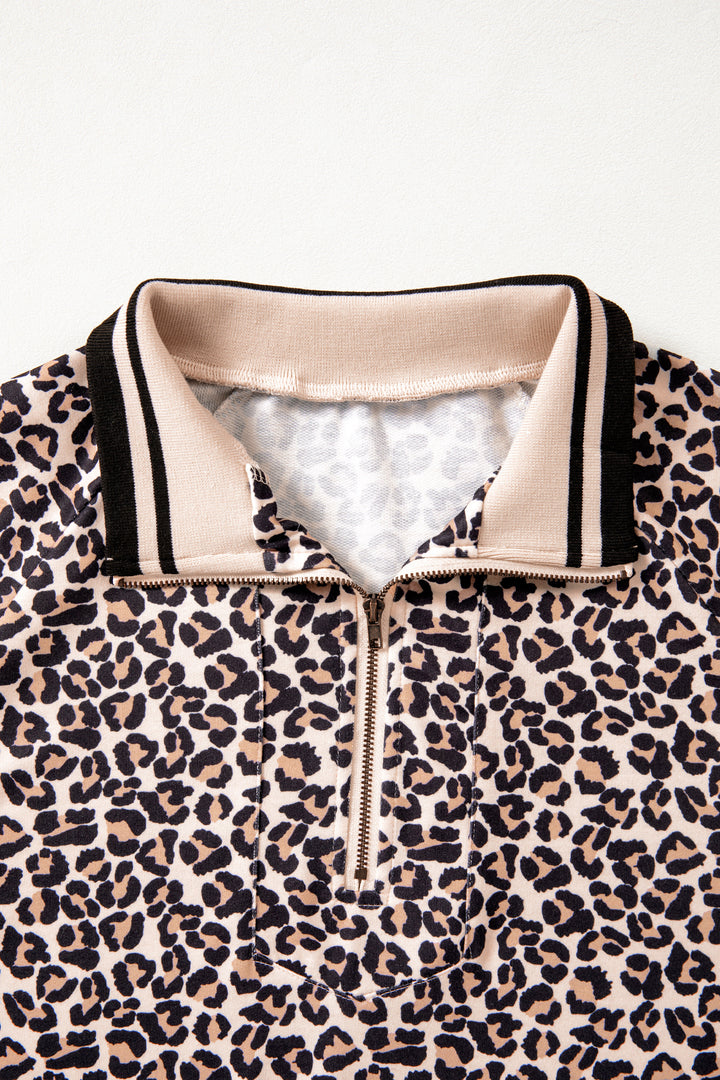 Leopard Print Half Zip Striped Trim Patchwork Short Sleeve Top