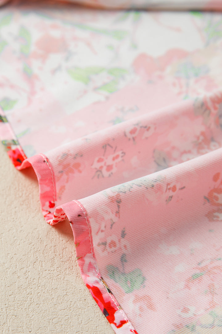 Pink Contrast Collared V Neck Short Sleeve Floral Blouse