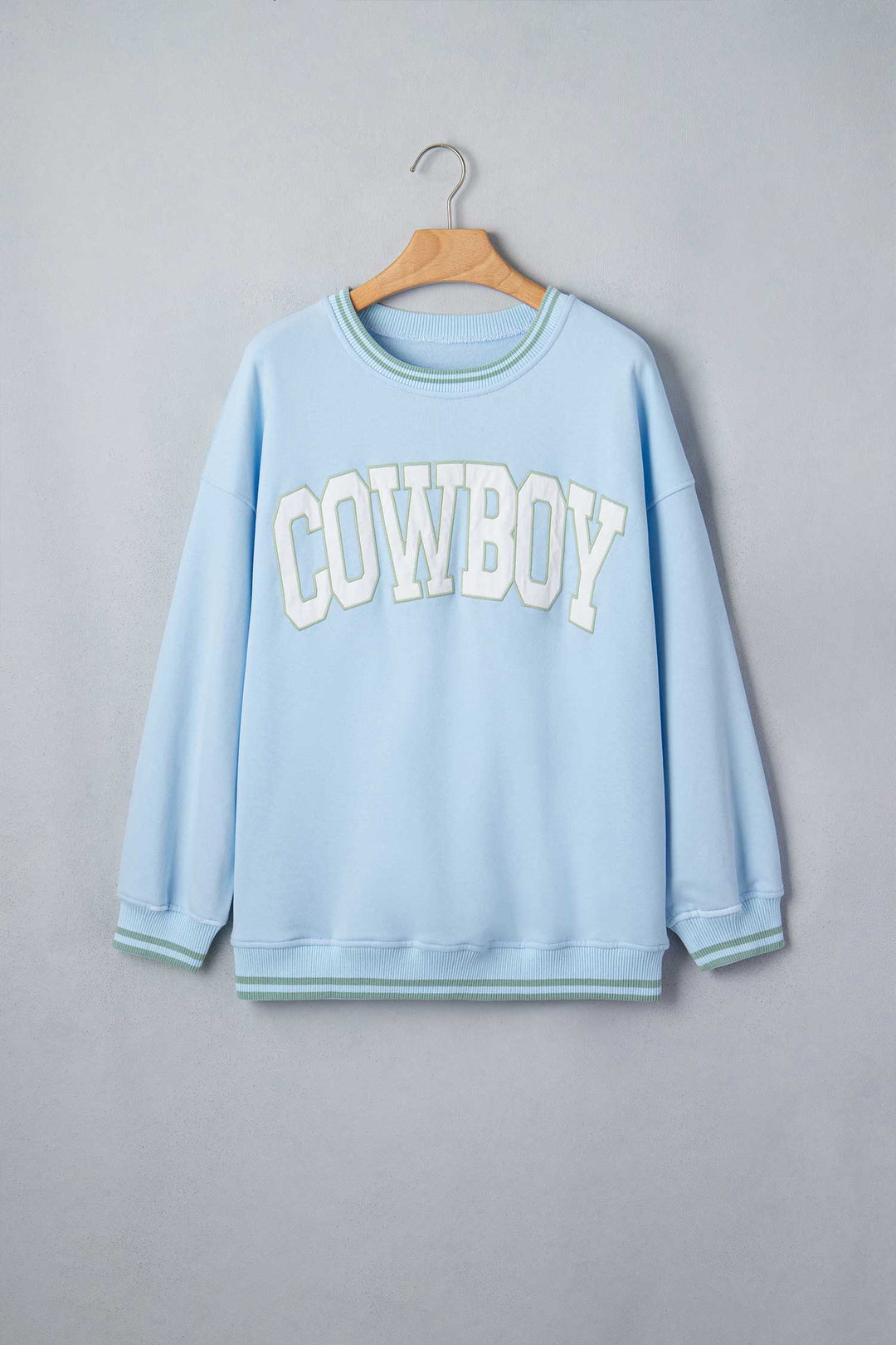 Beau Blue Embroidered Cowboy Letter Print Long Sleeve Round Neck Sweatshirt