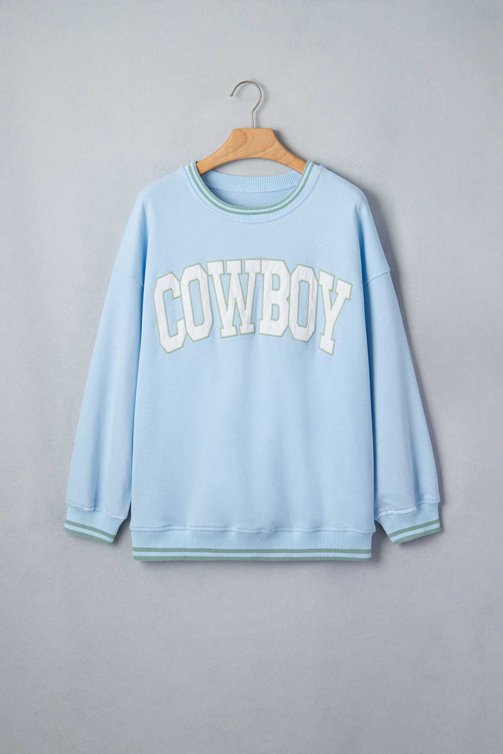 Beau Blue Embroidered Cowboy Letter Print Long Sleeve Round Neck Sweatshirt