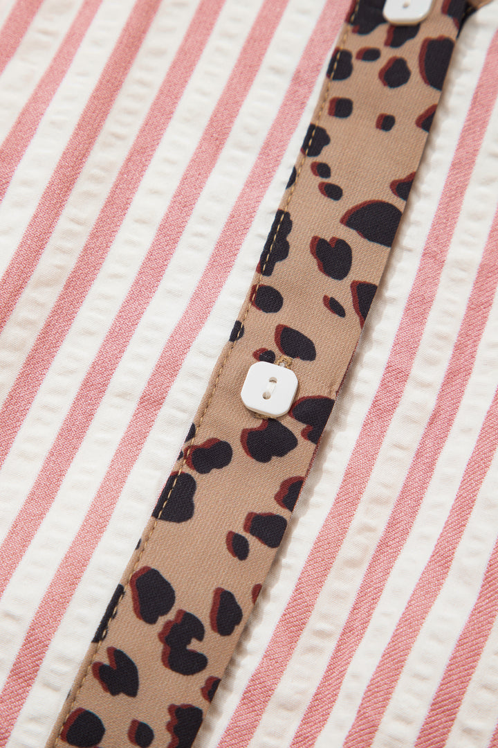 Pink Stripe Square Button Leopard Trim Loose Bracelet Sleeve Shirt Dress