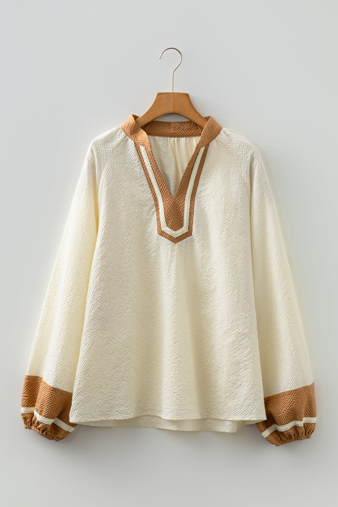 Color Block Patchwork Detail V Neck Textured Long Sleeve Blouse