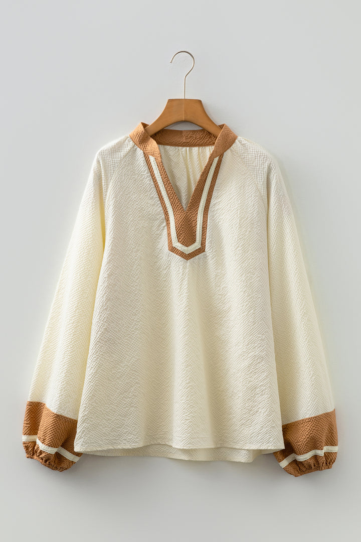 Color Block Patchwork Detail V Neck Textured Long Sleeve Blouse