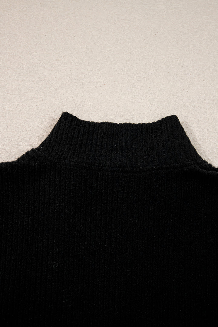 Black Ribbed Zip Stand Neck Pullover Bodycon Skirt 2pcs Set