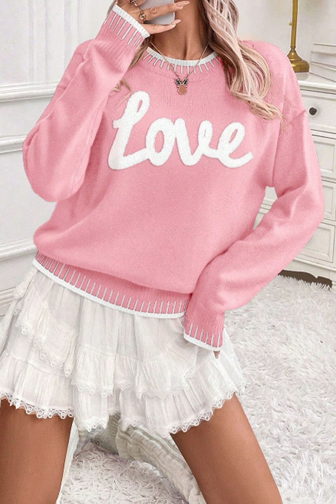 Pink Valentine Love Chenille Letter Graphic Sweater