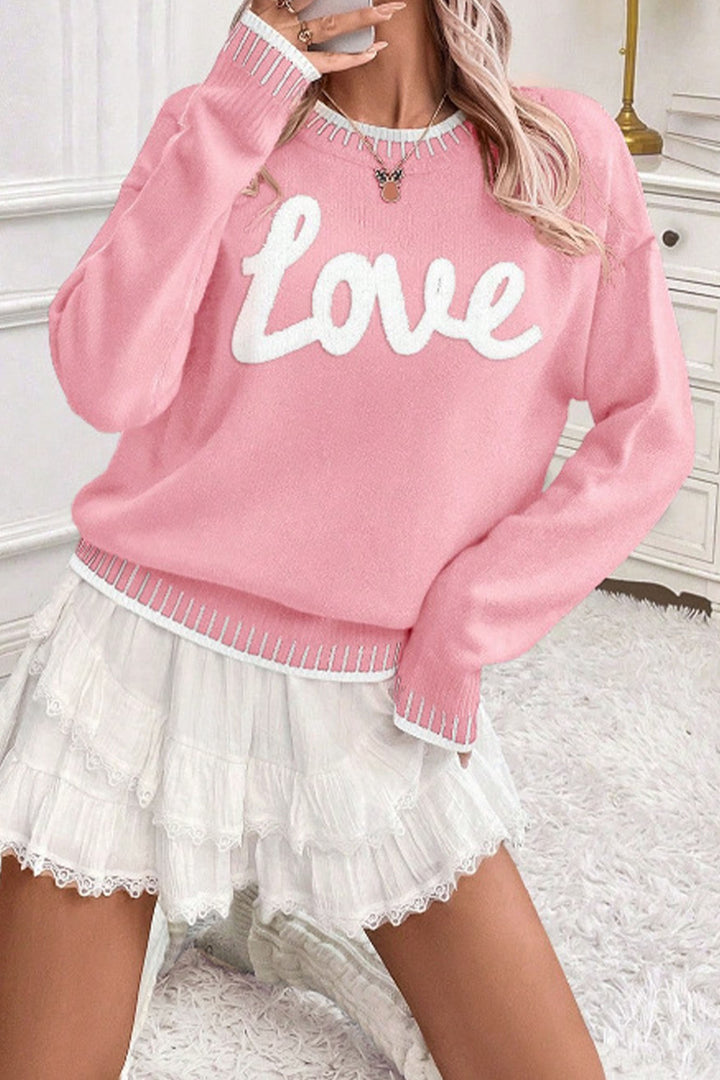 Pink Valentine Love Chenille Letter Graphic Sweater