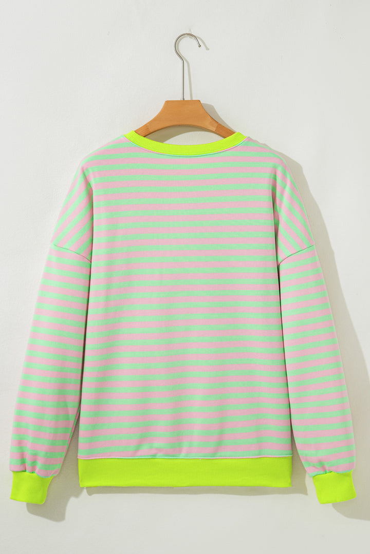 Green Stripe Contrast Ribbed Trim Crossed Stitch Drop Shoulder Sweatshirt