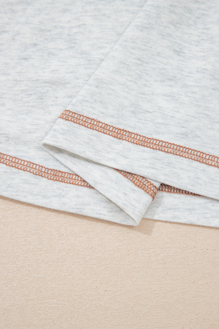 Light Grey Raw Seam Color Block Detail Buttoned Henley Tee