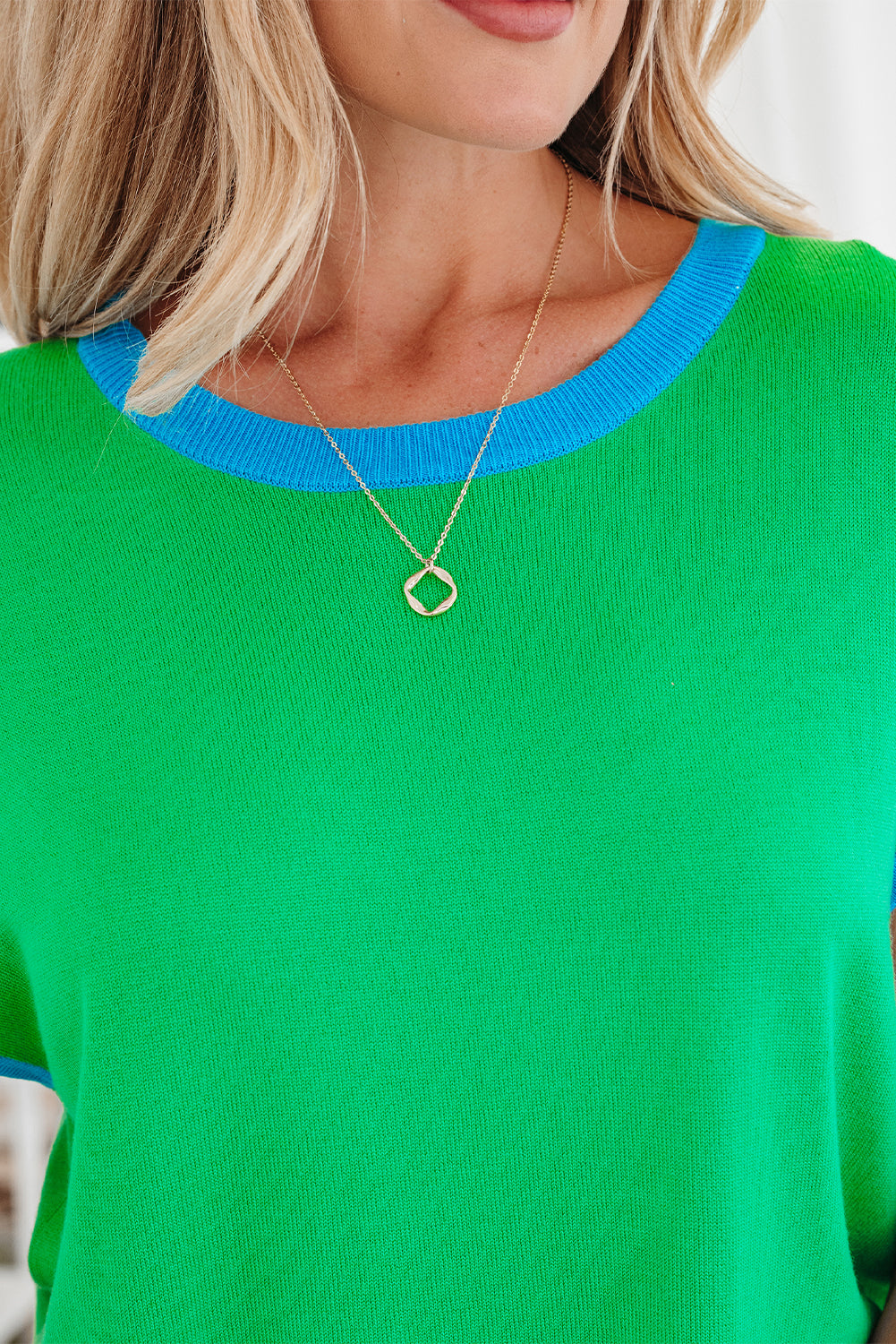 Contrast Trim Round Neck Short Sleeve Loose Knit Sweater