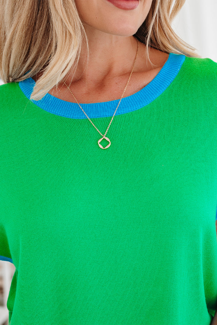 Contrast Trim Round Neck Short Sleeve Loose Knit Sweater