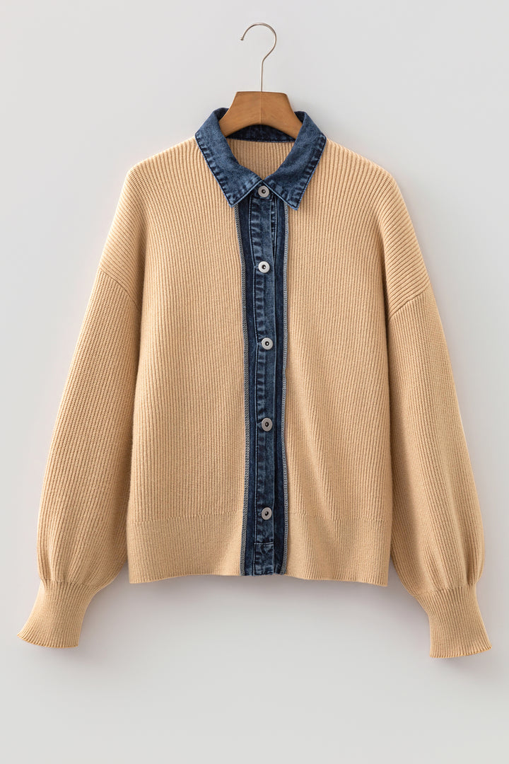 Parchment Placket Paneling Shirt Collar Long Sleeve Cardigan