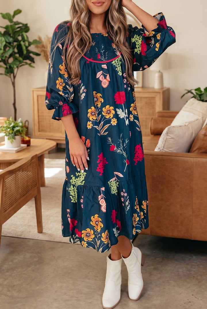 Chic Blue Floral Print Gathered Neckline 7/8 Sleeve Casual Midi Dress