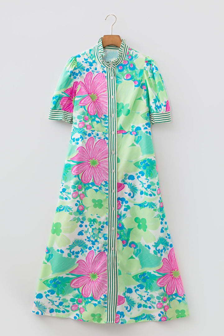 Green Stripe Floral Print Striped Trim Button Down Short Sleeve Vacation Dress