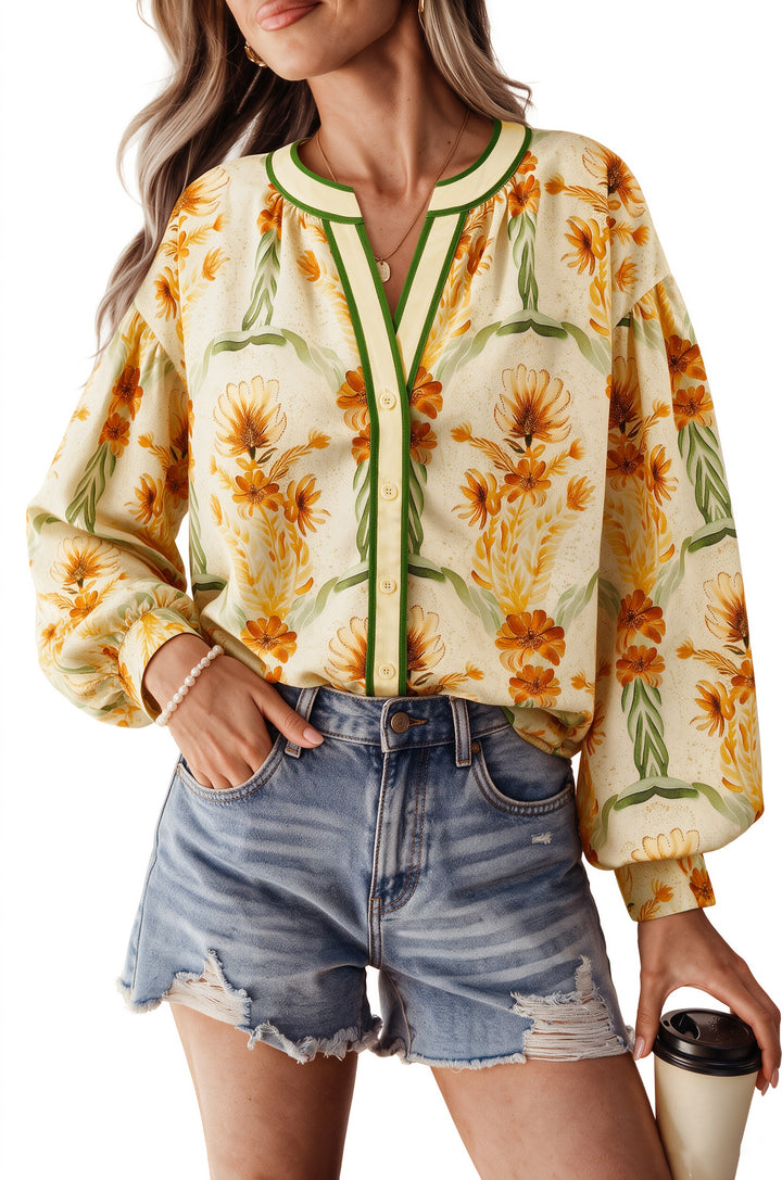 Yellow Floral Print V Neck Long Sleeve Shirt