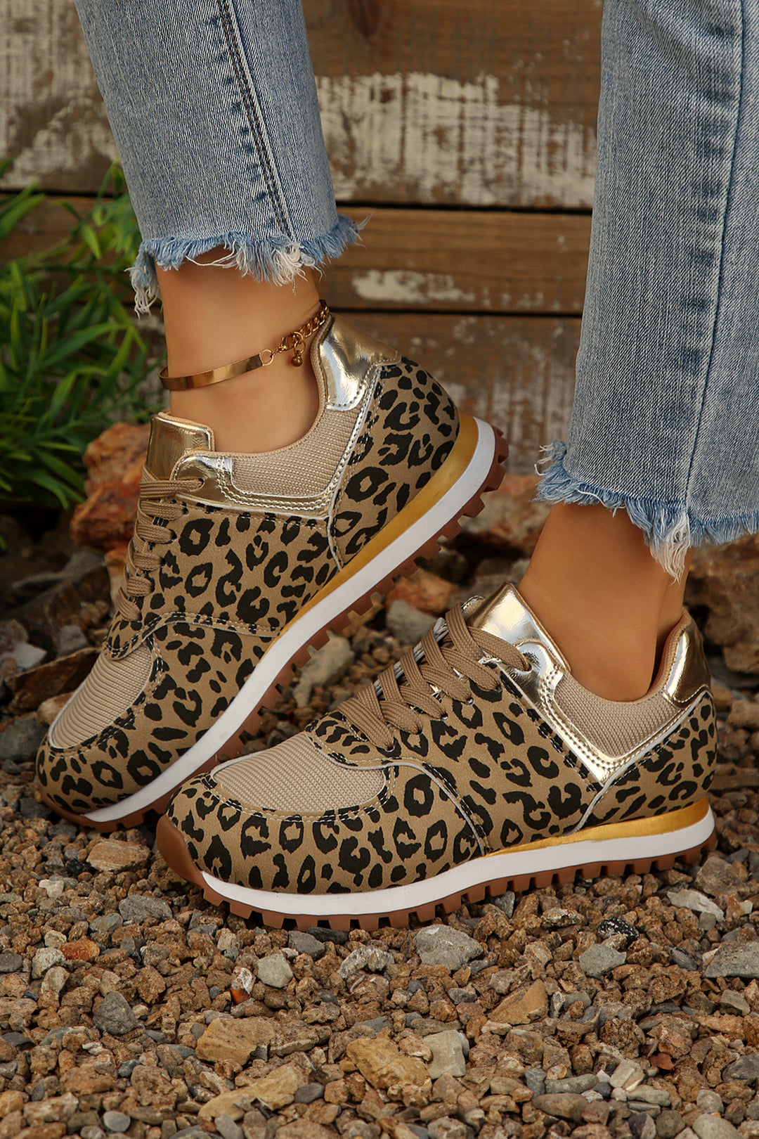 Leopard Faux Suede Mixed Patchwork Lace Up Sneakers