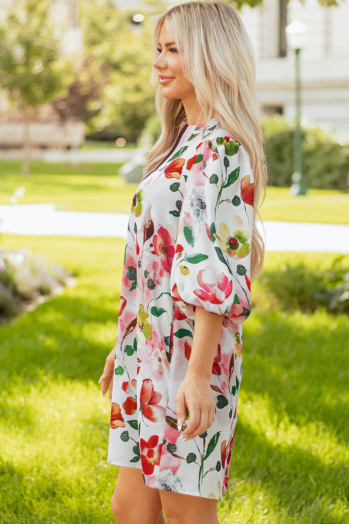 Floral Contrast Striped V Neck Puff Half Sleeve Shift Dress
