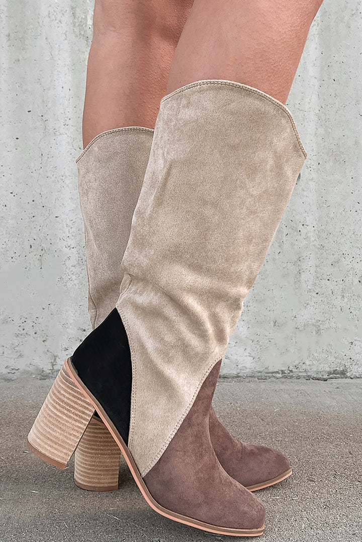Suede Calf Length Chunky Heel Boots