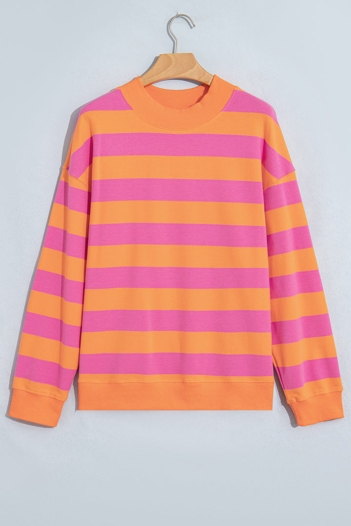 Orange Stripe Colorblock Mock Neck Relaxed Sweatshirt
