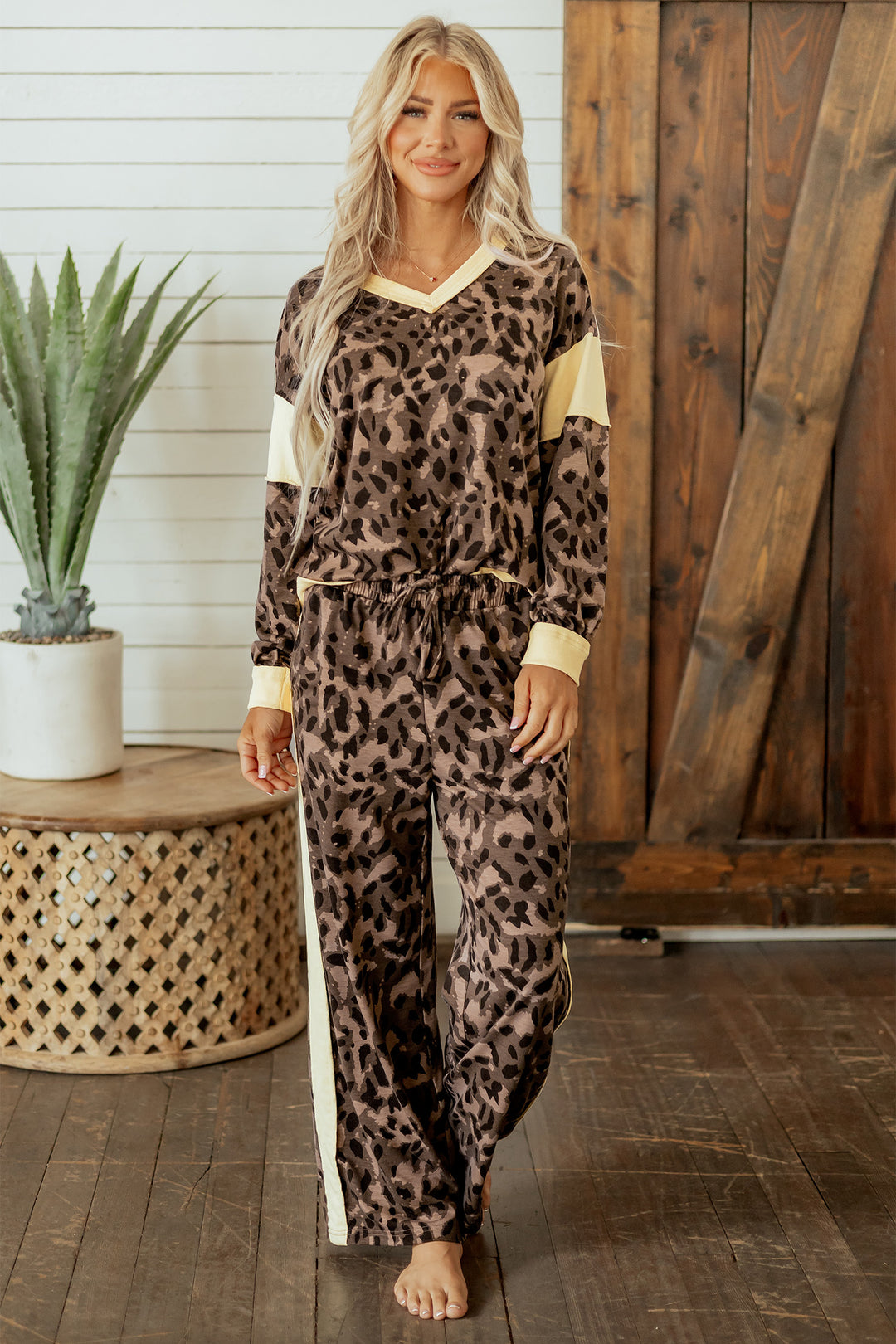 Brown Leopard Print Long Sleeve V-Neck Wide Leg Pant Set